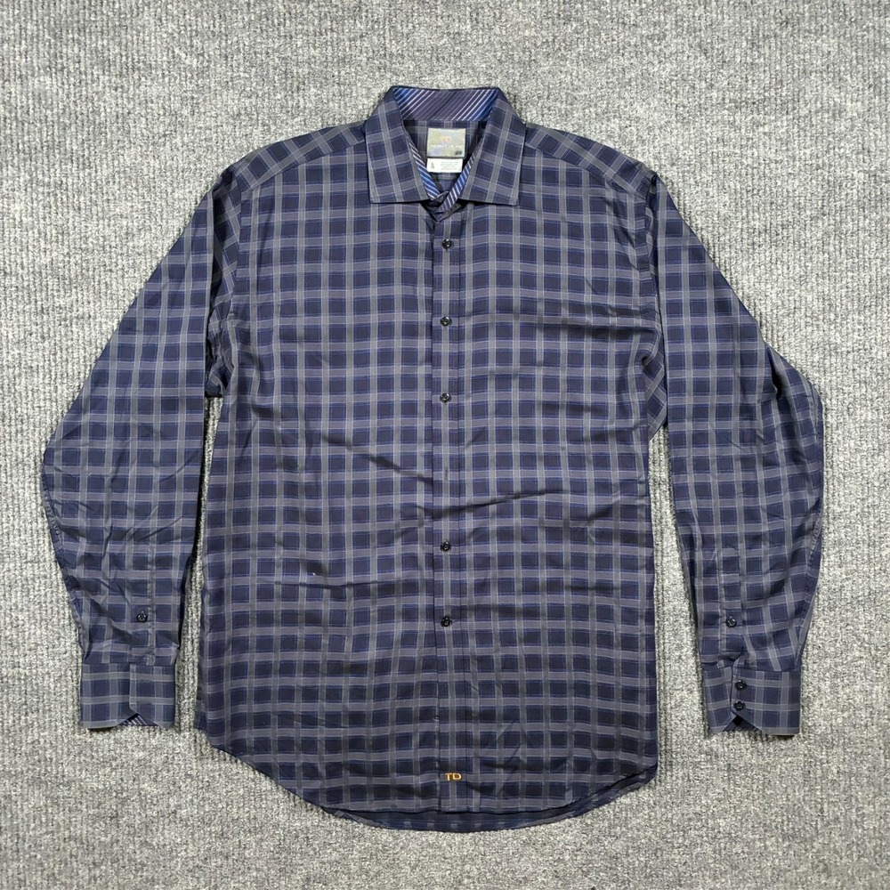 Thomas Dean TD Mens Button Up Shirt Size XL Blue Check 100% Cotton Long Sleeve